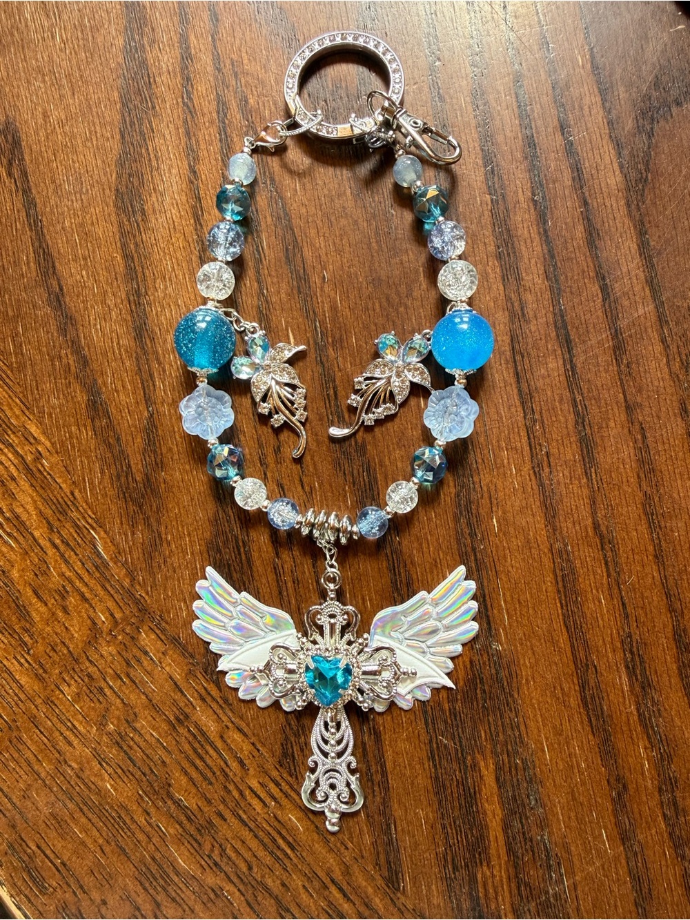 Silver & Blue Angel Wing Cross Pendant Keychain or Rear view Hanger